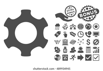 Gear pictograph with bonus symbols. Vector illustration style is flat iconic symbols, gray color, white background.