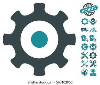 Gear pictograph with bonus tools pictures. Vector illustration style is flat iconic soft blue symbols on white background.