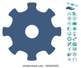 Gear pictograph with bonus uav service pictograph collection. Vector illustration style is flat iconic cobalt and cyan symbols on white background.