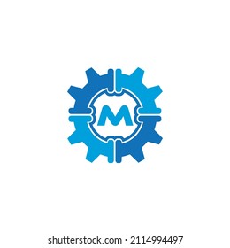 Gear and pipe, plumbing letter M Logo Design