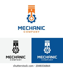 Gear and Piston For Mechanic logo Design Template. Suitable for automotive machinery maintenance engineering transport workshop company business in vintage retro hipster style.