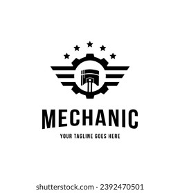 Gear and Piston mechanic logo design. Vector illustration gear, piston and wings mechanic. modern logo design vector icon template