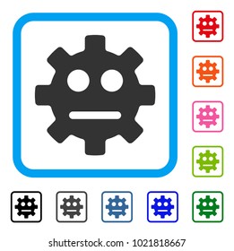 Gear Pity Smiley icon. Flat grey pictogram symbol inside a blue rounded square. Black, gray, green, blue, red, orange color additional versions of Gear Pity Smiley vector.