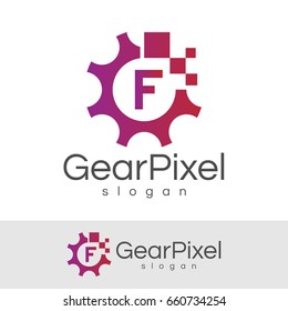 gear pixel initial Letter F Logo design
