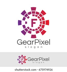 gear pixel initial Letter F Logo design