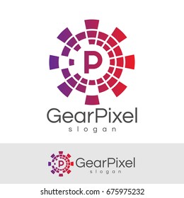gear pixel initial Letter P Logo design