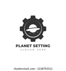 Planta de diseño de iconos del logotipo mecánico del planeta de los engranajes