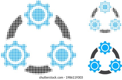 Gear Planetengetriebe halftone gepunktete Symbol. Halftone Muster enthält Kreis-Pixel. Vektorgrafik der Zahnradgetriebe-Planetengetriebe-Symbol auf weißem Hintergrund.
