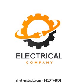 Gear with plug electrical vector logo template. Suitable for factory or industrial business. 