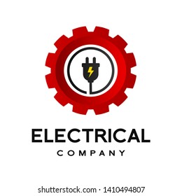 Gear with plug electrical vector logo template. This design use thunder symbol. Suitable for factory or industrial business. 