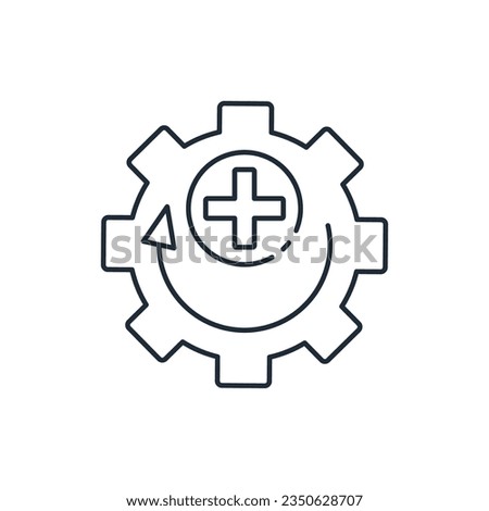 Gear with a plus sign and a movement arrow. Add, change the configuration of equipment.Vector linear icon isolated on white background.