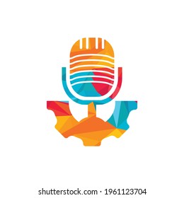 Gear podcast vector logo design template. Cog wheel and mic icon design.