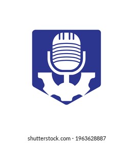 Gear podcast vector logo design template. Cog wheel and mic icon design.