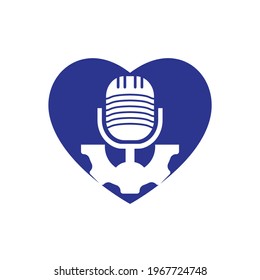 Gear podcast vector logo design template. Cog wheel and mic with heart icon design.