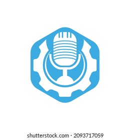 Plantilla de diseño del logotipo del vector del podcast Gear. Diseño de iconos de micrófono y rueda de Cog.	