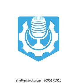 Gear podcast vector logo design template. Cog wheel and mic icon design.	