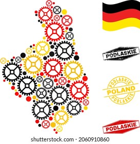 Gear Podlaskie Voivodeship map collage and seals. Vector collage is formed from repair service items in variable sizes, and Germany flag official colors - red, yellow, black.
