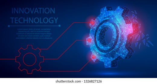 Gear polygonal mechanism abstract background. The isolated concept of innovative technology, industrial technologies, business consists of low poly wireframe, geometry, lines, dots, polygons, shapes.