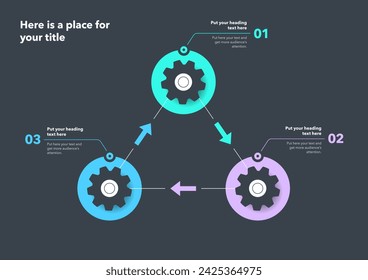 Gear process infographic with three steps - dark version. SImple chart design for workflow layout, diagram, banner, web design.