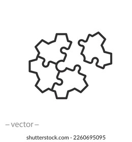 icono del rompecabezas del engranaje, concepto de integración empresarial, solución de eficiencia para el trabajo de la rueda cognitiva, símbolo de línea delgada sobre fondo blanco - ilustración del vector de trazo editable eps10