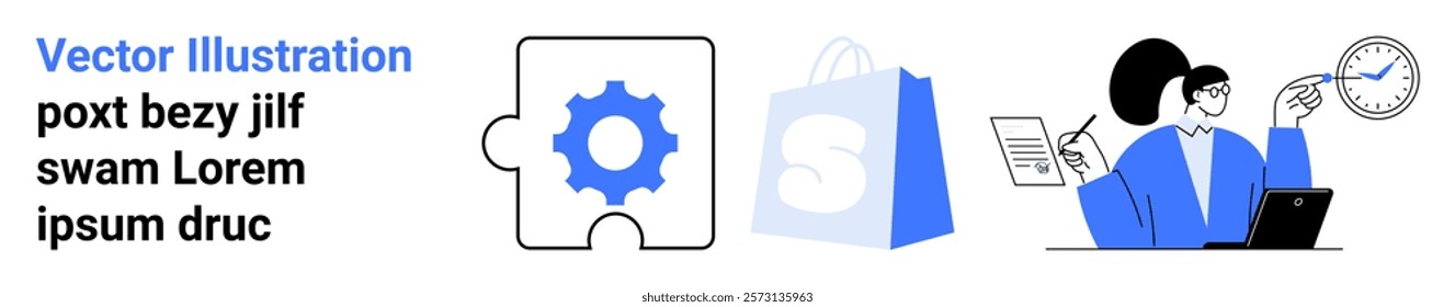 Gear puzzle piece, shopping bag, and person pointing at clock. Ideal for business workflow, e-commerce automation, marketing agencies, project management, productivity tips. Landing page