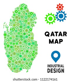 Gear Qatar map mosaic of small gearwheels. Abstract territory scheme in green shades. Vector Qatar map is done of cogwheels. Concept of tuning work.