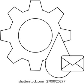 Gear raindrop and envelope icon all outlined in black stand out on a white background