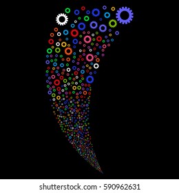 Gear random fireworks stream. Vector illustration style is flat bright multicolored iconic symbols on a black background. Object fountain constructed from scattered icons.