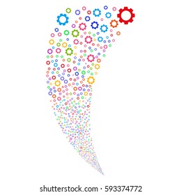 Gear random fireworks stream. Vector illustration style is flat bright multicolored iconic symbols on a white background. Object fountain constructed from scattered icons.
