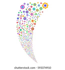 Gear random fireworks stream. Vector illustration style is flat bright multicolored iconic symbols on a white background. Object fountain combined from scattered design elements.