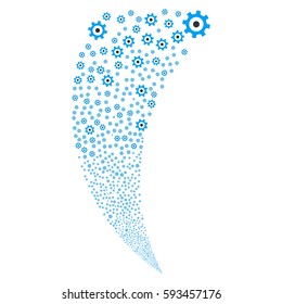 Gear random fireworks stream. Vector illustration style is flat blue and gray iconic symbols on a white background. Object fountain organized from scattered icons.