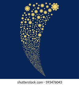 Gear random fireworks stream. Vector illustration style is flat yellow iconic symbols on a blue background. Object fountain constructed from scattered pictographs.