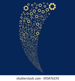 Gear random fireworks stream. Vector illustration style is flat yellow iconic symbols on a blue background. Object fountain constructed from scattered design elements.