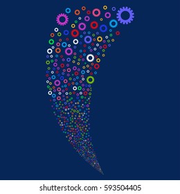 Gear random fireworks stream. Vector illustration style is flat bright multicolored iconic symbols on a blue background. Object fountain done from scattered pictographs.