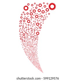 Gear random fireworks stream. Vector illustration style is flat red iconic symbols on a white background. Object fountain done from scattered pictograms.