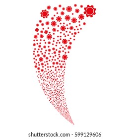 Gear random fireworks stream. Vector illustration style is flat red iconic symbols on a white background. Object fountain made from scattered icons.