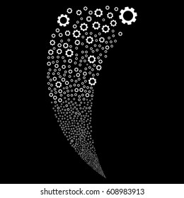 Gear random fireworks stream. Vector illustration style is flat white iconic symbols on a black background. Object fountain made from scattered icons.