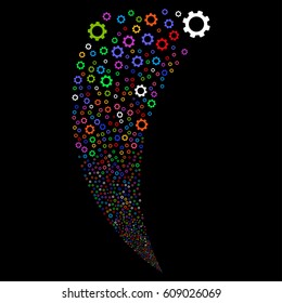 Gear random fireworks stream. Vector illustration style is flat bright multicolored iconic symbols on a black background. Object fountain created from scattered design elements.