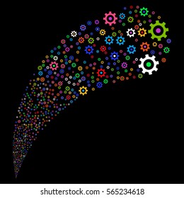 Gear random source stream. Vector illustration style is flat bright multicolored iconic symbols on a black background. Object fountain created from symbols.