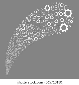 Gear random source stream. Vector illustration style is flat white iconic symbols on a gray background. Object fountain made from pictographs.