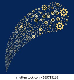 Gear random source stream. Vector illustration style is flat yellow iconic symbols on a blue background. Object fountain made from pictographs.