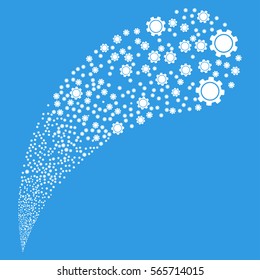 Gear random source stream. Vector illustration style is flat white iconic symbols on a blue background. Object fountain constructed from pictograms.
