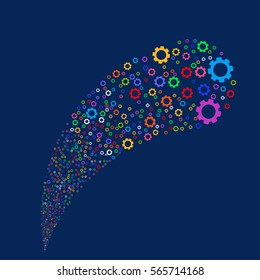 Gear random source stream. Vector illustration style is flat bright multicolored iconic symbols on a blue background. Object fountain created from pictographs.