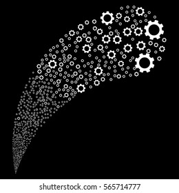 Gear random source stream. Vector illustration style is flat white iconic symbols on a black background. Object fountain constructed from pictographs.