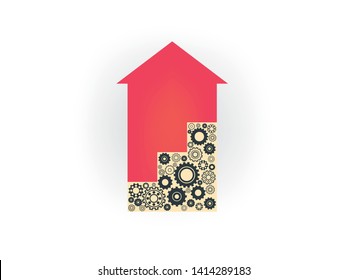 Gear and red up arrow. icon isolated on white. Vector flat illustration for innovation. Technology and settings pictogram. Gear Integration.