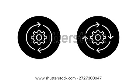 Gear reload icon in black circle. System update, process cycle, and settings circular arrow symbol