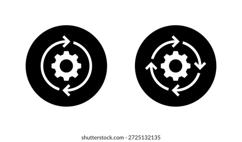 Icono de recarga de engranajes con flecha circular. Actualizar del sistema, ciclo del proceso y Configuraciones en círculo negro