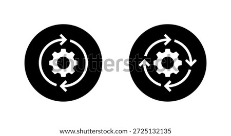 Gear reload icon with circular arrow. System update, process cycle, and settings symbol in black circle