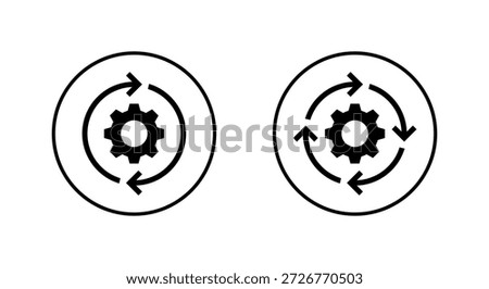Gear reload icon with circular arrow. System update, process cycle, and settings symbol in circle outline