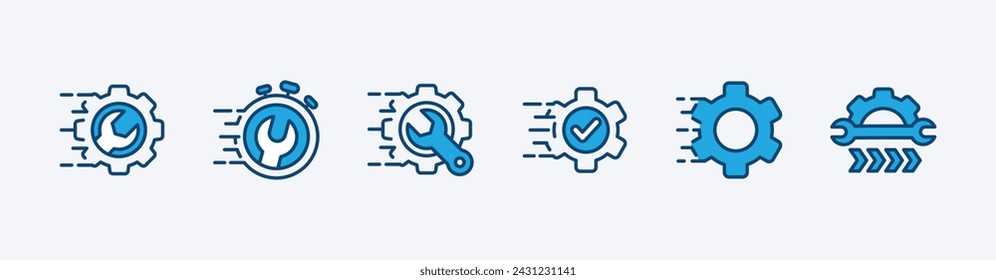 Gear repair icon set. Fast or quick time to fix icon. Wrench, speed with check mark. Containing maintenance, service, support, technical, engineering, setting, setup. Vector illustration